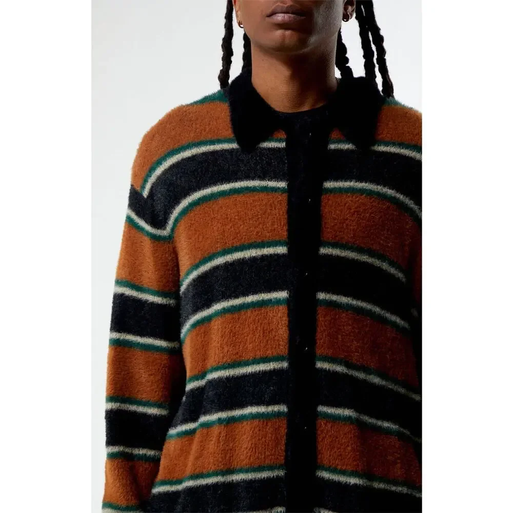PACSUN Men's Brown Stripe Button Up Sweater Size S